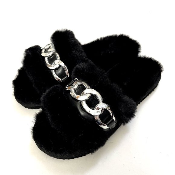 NWOB MICHAEL KORS Scarlett Chain Link Faux Fur Slide Sandal Black Fuzzy Furry - Picture 3 of 10
